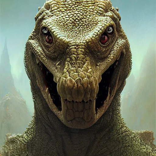 Image similar to vladimir putin, anthropomorphic bald prehistoric reptile, putin is hybrid lizard, toothless, horror, macabre by donato giancola and greg rutkowski and wayne barlow and zdzisław beksinski, realistic face, digital art