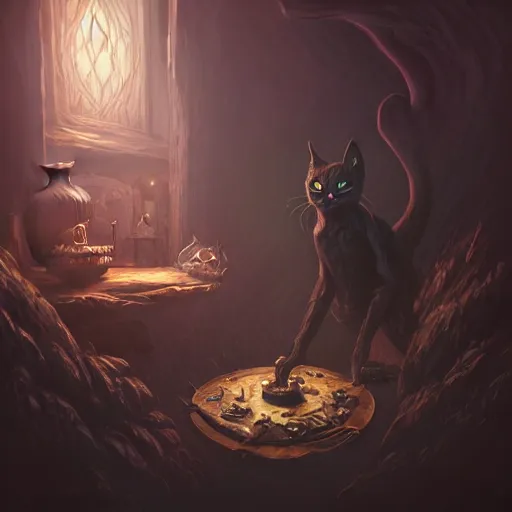 Image similar to Anthropomorphized dark Cat, evil, brewing potion in witch Hut, magic the gathering artwork, horror, D&D, fantasy, cinematic lighting, centered, symmetrical, highly detailed, digital painting, artstation, concept art, smooth, sharp focus, illustration, volumetric lighting, epic Composition, 8k, art by Akihiko Yoshida and Greg Rutkowski and Craig Mullins, oil painting, cgsociety