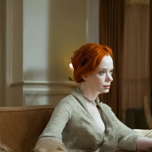 Image similar to a very surprised looking beautiful Christina Hendricks r in the living room, film still from the movie directed by Denis Villeneuve , wide lens