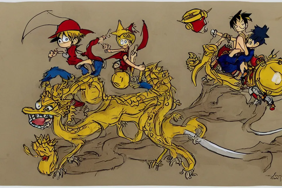 Image similar to concept sketches of a young luffy riding wearing a gold crown riding a large dragon by jamie hewlett, in the style of megaman