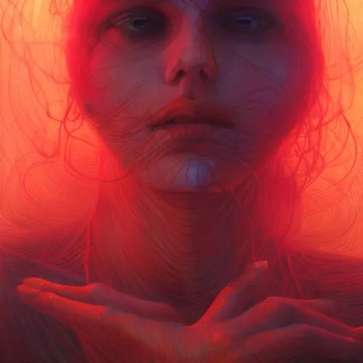 Prompt: Portrait Masterpiece, Wanda Maximoff, furious, red and cyan, glowing, wires everywhere, by Edgar Maxence and Ross Tran, Zdzisław Beksiński, and Michael Whelan, distant, gustav dore, H.R. Giger, 8k, octane render