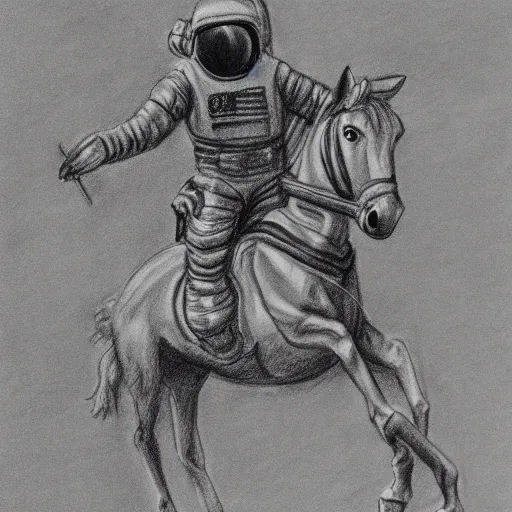 Prompt: Pencil drawing of a spaceman riding a pony on the moon