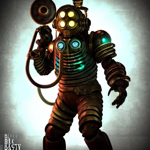 Image similar to isaac clarke as a bioshock big daddy, unreal engine 5, bioshock deadspace, high detail 3 d render,