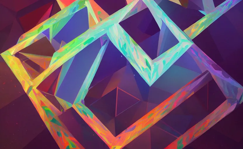 Image similar to a painting of a sierpinski icosahedron trending on artstation in the style of greg rutkowski, 3 d, fractal, 4 d, endless, rainbow, geometric tesseract, symmetry