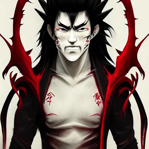 Image similar to demon martial artist, handsome japanese demon boy, young adult yokai with long spiky black hair, vampire, vantablack gi, simple clothes, red eyes, ultra realistic, intricate details, highly detailed, subsurface scattering, photorealistic, octane render, 8 k, art by artgerm, greg rutkowski, magali villeneuve, alphonse mucha