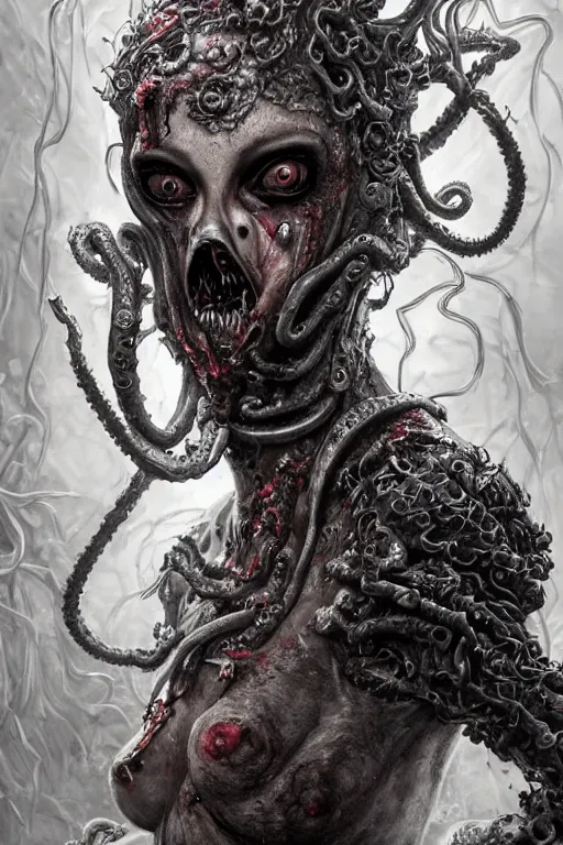 Prompt: realistic portrait of beautifully crystalized and detailed portrait of a zombie woman with gasmask, tentacles, tendrils, eldritch, matte painting of cinematic movie scene red dragon, horror, created by gustave dore and greg rutkowski, high detailed, smooth draw, synthwave neon retro, intricate, realistic proportions, dramatic lighting, trending on artstation.