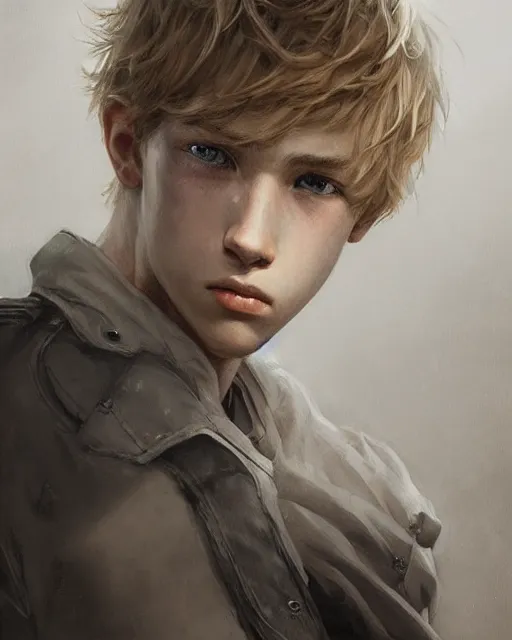 Image similar to portrait of 1 5 - year - old boy, with slender, white - blond hair, cold grey eyes, a pale complexion with sharp and pointed features, hyper realistic face, beautiful eyes, fantasy art, in the style of greg rutkowski, intricate, hyper detailed, smooth