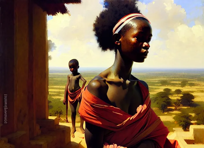 Image similar to top angle view, wide lens of african girl wearing a toga, beautiful concept painting by caravaggio, ruan jia, jakub rebelka, artgerm, greg rutkowski, edgar maxence