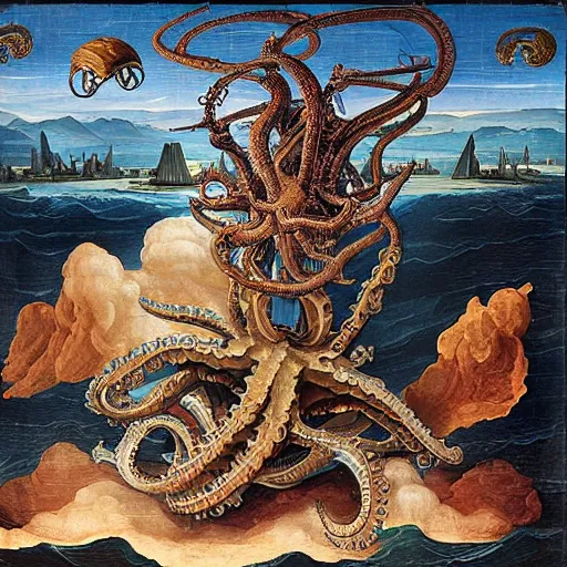 Image similar to apocalyptic scenario of a flying kraken made of silicon, renaissance style painting