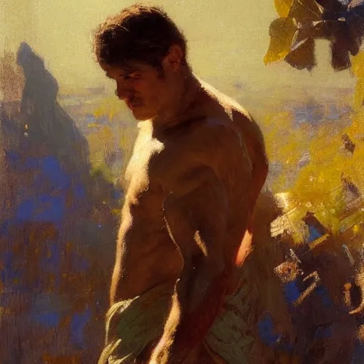 Image similar to a man with a shoulder length haircut, painting by Gaston Bussiere, Craig Mullins