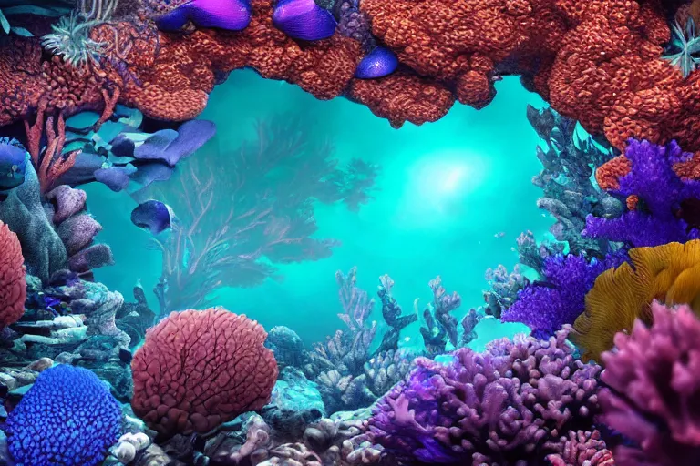 Image similar to stunning ultra realist waves underwater curiosities reflections and refractions corals and fishes carnival, symmetry accurate features, focus, very intricate ultrafine details, blue purple aqua colors, award winning masterpiece, octane render