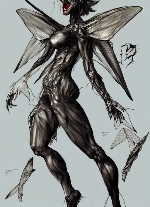 Prompt: Full body portrait of an hybrid between a moth and a woman. She is an anthropomorphic moth. Very moth. In style of Yoji Shinkawa and Hyung-tae Kim, trending on ArtStation, dark fantasy, great composition, concept art, highly detailed. Colourful.