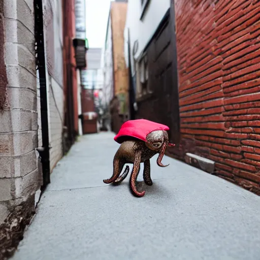 Image similar to fully clothed octopus dog walking down an alley