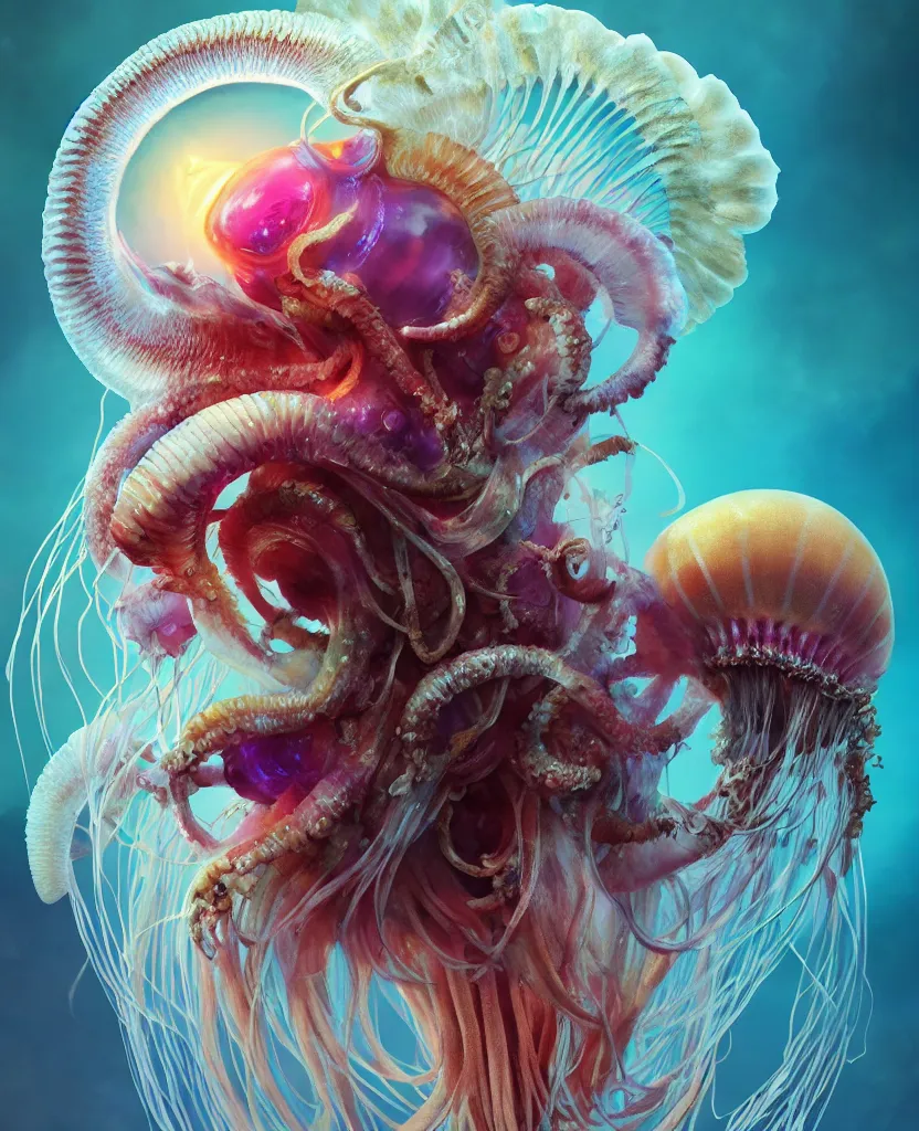 Image similar to goddess close-up portrait ram skull. jellyfish phoenix head, nautilus, orchid, skull, betta fish, bioluminiscent creatures, intricate artwork by Tooth Wu and wlop and beeple. octane render, trending on artstation, greg rutkowski very coherent symmetrical artwork. cinematic, hyper realism, high detail, octane render, 8k