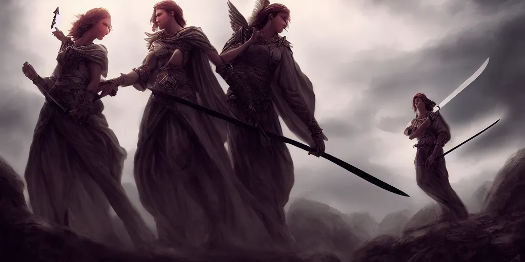 Prompt: two angels hold a sword kills kings in a cloudy sky. fantasy art, photo realistic, dynamic lighting, artstation, poster, volumetric lighting, very detailed faces, 4 k, award winning