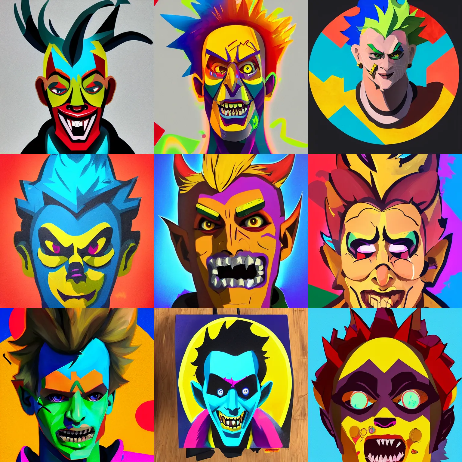 Prompt: A portrait of Junkrat from Overwatch, geometric shapes, rounded corners, vibrant colors, spray paint