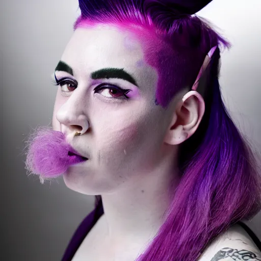 Prompt: a woman with pink hair, purple eyebrows, and a septum ring, editorial photography