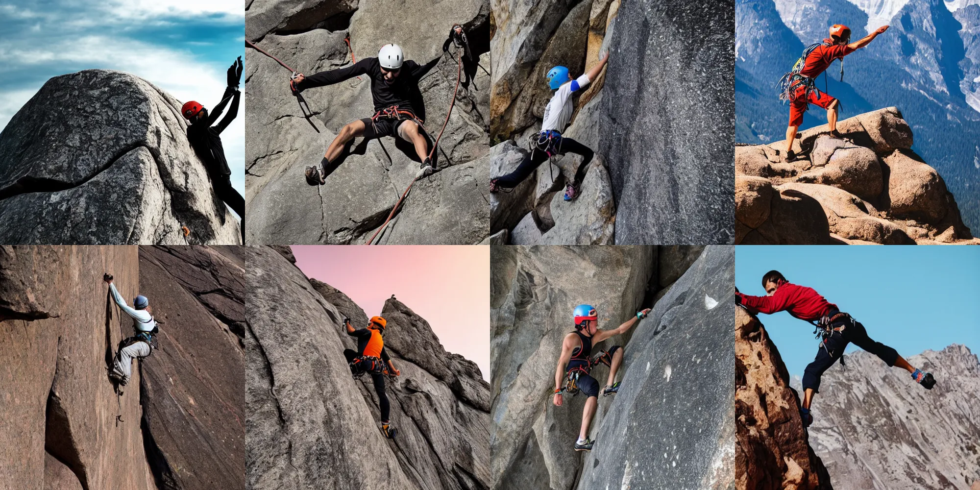 Prompt: a climber with a skull instead of a head, reaching for the top of a rocky mountain