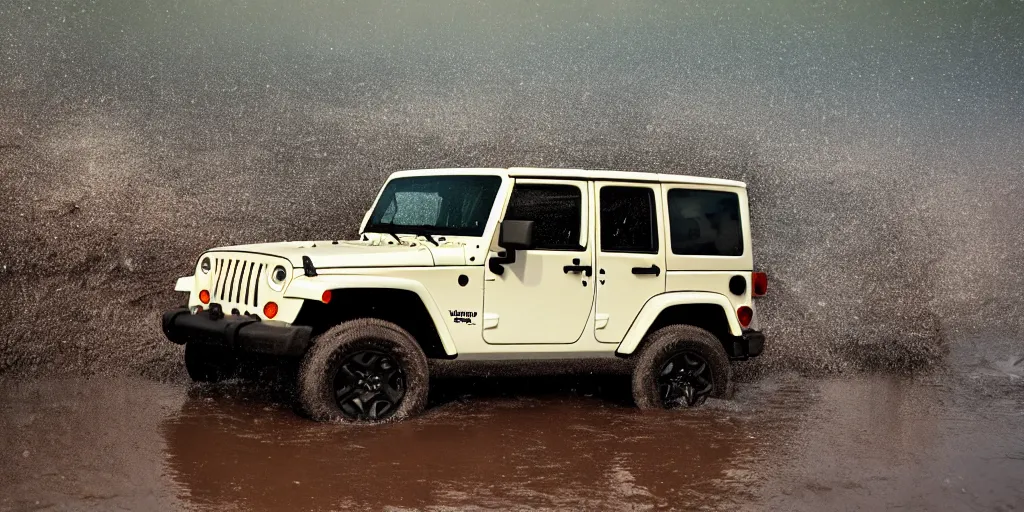 Image similar to noisy color photograph of a 1997 hardtop white Jeep Wrangler drowning in quicksand, dirty swamp, gritty, Venom liquid, cinematic, soft vintage glow