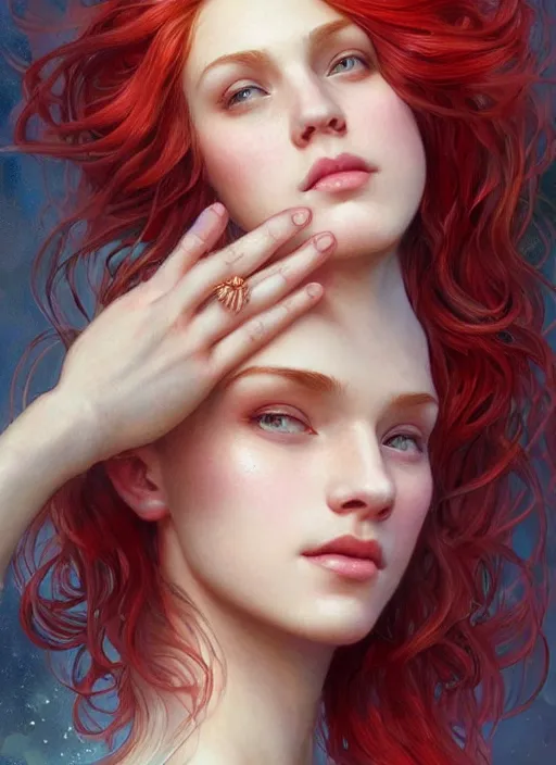 Prompt: beautiful head and shoulders portrait of a fairy mermaid with red hair, casual clothing, intricate, elegant, highly detailed, digital painting, beautiful highly detailed face, artstation, concept art, smooth, sharp, focus, illustration, art by artgerm and greg rutkowski and alphonse mucha