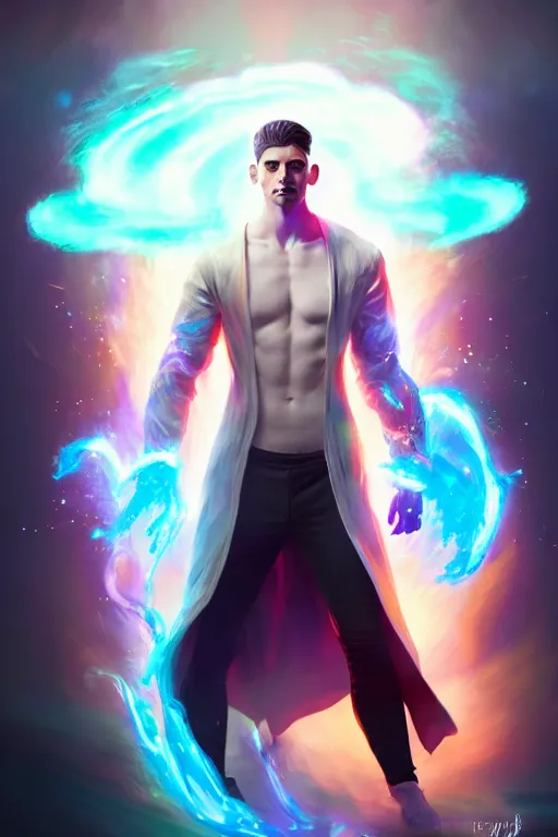 Image similar to a human elemental sorcerer, blurred environment background, colorful magic effects, white skin, portrait, male, clothed, sharp focus, digital art, concept art, trending on artstation, dynamic lighting, by emylie boivin and rossdraws