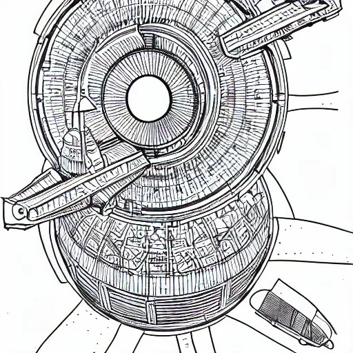 Image similar to Simplistic coloring book of a turbine blueprint, black ball pen on white paper, by Josan Gonzalez and Geof Darrow