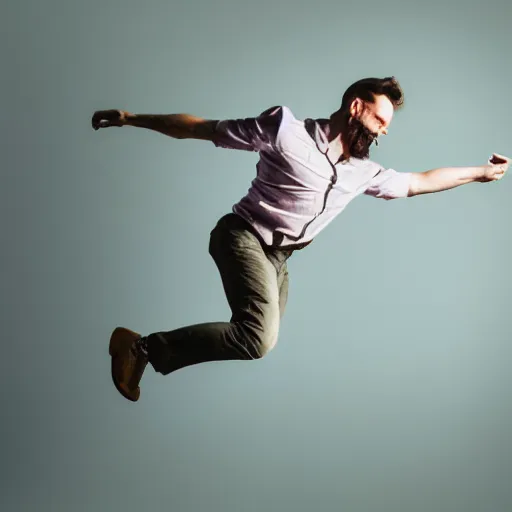 Image similar to a portrait of a man boisterously dancing around the room by himself holding an empty wine bottle as he jumps in the air, detailed facial expression, fine detail, dramatic lighting, award-winning photo UHD, 4K