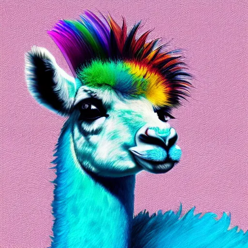 Image similar to portrait of a cute fluffy llama with colorful giraffe spots and mohawk hairstyle hybrid animal detailed painting 4 k