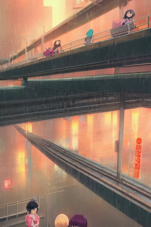 Prompt: 3d ultra realistic anime illustration, two schoolgirls and cat flying on huge japanese elevated subway at rainy night. deep and complex composition. pastel smooth colors. style of Hiro Kiyohara anime. redshift, octane, trending on artstation, cinematic, oil painting