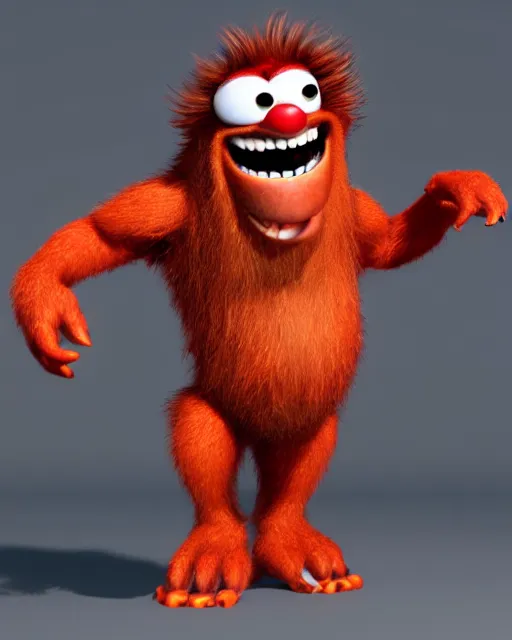 Image similar to 3 d render of completely red hairy friendly smiling antropomorphic creature wearing chrome shades, without nose, full body, standing on 2 feet, in the style of pixar, white background, unreal engine 5, octane render, highly detailed hdr