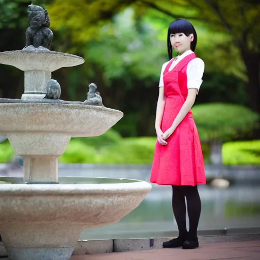 Image similar to a full body portrait of a young Japanese maid standing in front of a fountain in a park, 8k, cinematic, photo taken with Sony a7R camera, by William-Adolphe