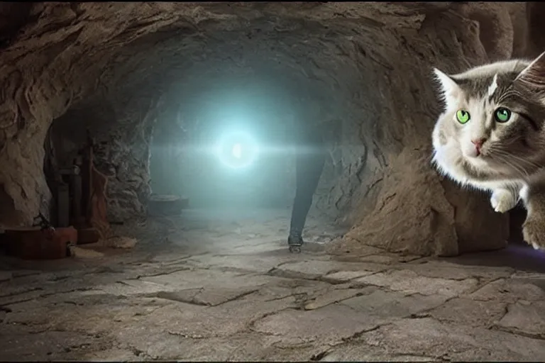 Prompt: futuristic VFX movie of a cat walking through a wizards magic underground study, natural lighting by Emmanuel Lubezki