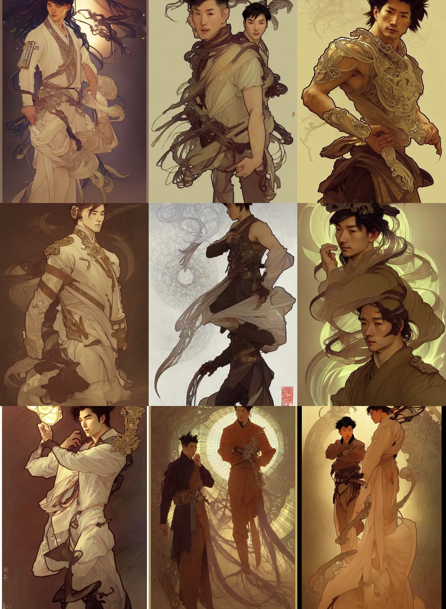 Prompt: a digital concept ar by artgerm and greg rutkowski and alphonse mucha. clear portrait of a lonely attractive men in uniform of tang dynasty!! tang dynasty book, light effect. hyper detailed, character concept, full body!! dynamic pose, glowing lights!! intricate, elegant, highly detailed, digital painting, artstation, concept art, smooth, sharp focus, illustration