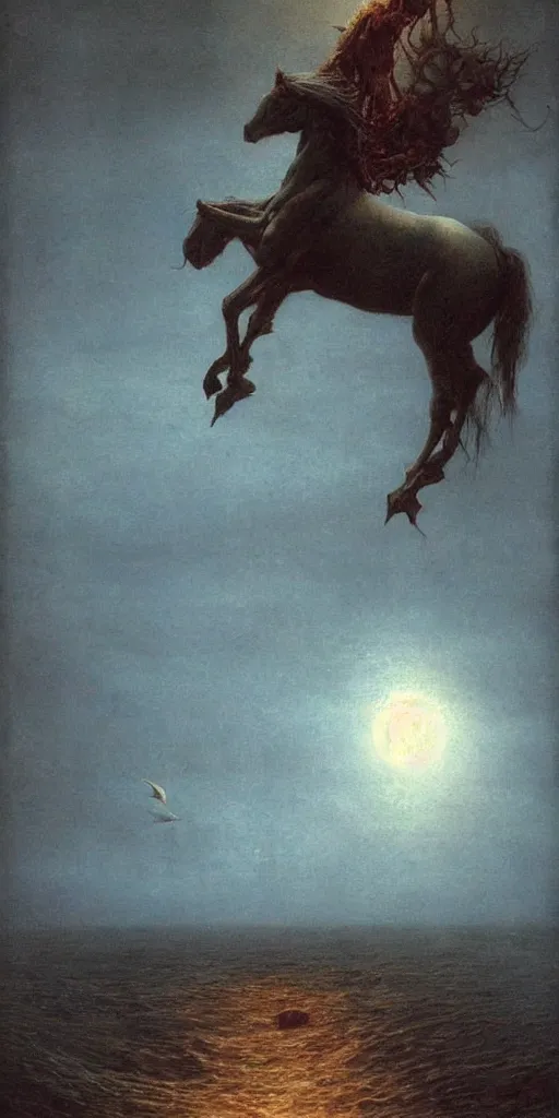 Prompt: a demon horse falls off a cliff and into the ocean under the moonlight, beksinski, dariusz zawadzki, surreal, ethereal