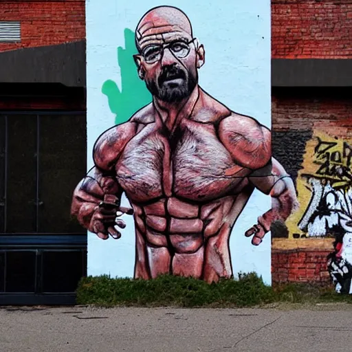 Image similar to Gigachad Muscular Walter White Flexing, Urban Graffiti Banksy, Bordalo, trending on artstation