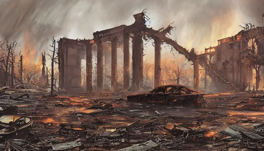 Prompt: A detailed render of a post apocalyptic scene of the whitehouse ruined and devastated by fires, burned down rusty Moscow buses in flood water, sci-fi concept art, by Syd Mead, highly detailed, oil on canvas