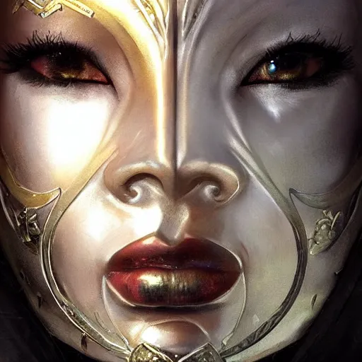 Image similar to Very very very very highly detailed epic photo of face with venetian mask, intricate, dystopian, sci-fi, extremely detailed, digital painting, artstation, concept art, smooth, sharp focus, illustration, intimidating lighting, incredible art by Artgerm and Brom and Vincent di Fate