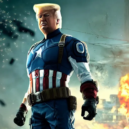 Image similar to portrait of donald trump as captain america in gears of war, splash art, maga, patriot, movie still, cinematic lighting, dramatic, glowing, ray tracing, octane render, long lens, shallow depth of field, bokeh, anamorphic lens flare, 8 k, hyper detailed, 3 5 mm film grain