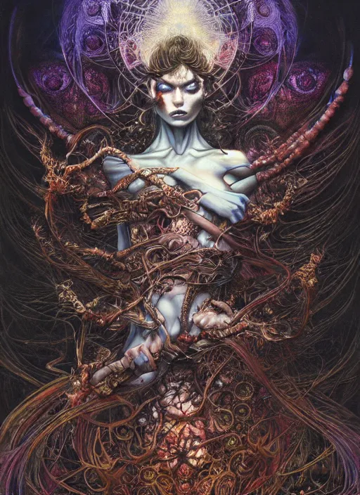 Prompt: fractal goddess of misery and war dramatic lighting, made of bugs and rainbows epic, moody, misty, by ayami kojima, amano, karol bak, greg hildebrandt, and mark brooks, neo - gothic, intricate, rich deep colors. beksinski painting, part by takato yamamoto. 8 k masterpiece