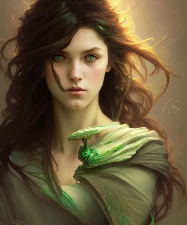 Prompt: Fae teenage girl, portrait, green eyes, face, long hair, fantasy, intricate, elegant, highly detailed, digital painting, artstation, concept art, smooth, sharp focus, illustration, art by artgerm and greg rutkowski and alphonse mucha