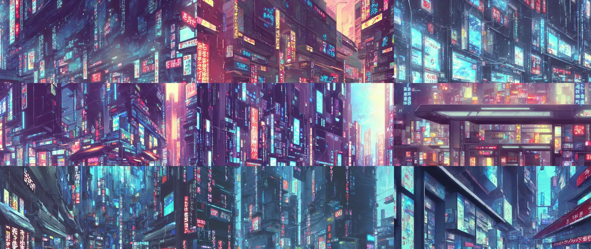 Prompt: a very close up close up close up close up front on frontview of a ( ( ( cyberpunk ) ) ) shopfront facade facade with ( ( advertisements ) ), in a high definition screenshot from the anime anime film, digital painting by ( makoto shinkai ), moebius, trending on artstation