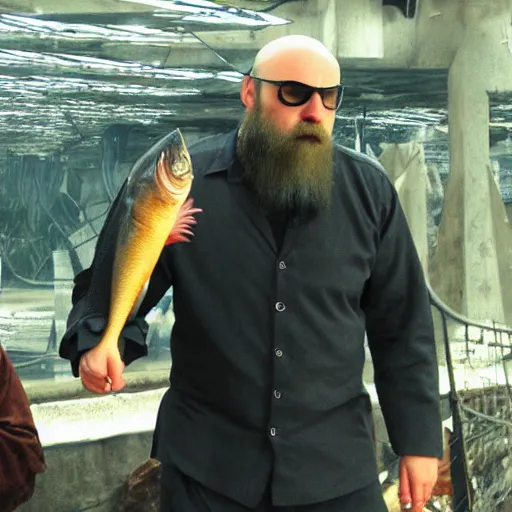 Image similar to bearded and bald man armed with a fish in matrix universe