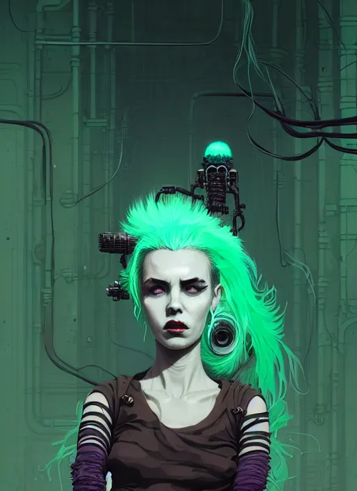 Image similar to highly detailed portrait of an moody wasteland punk long dripping green poison hair tribal lady, stray wiring by atey ghailan, james gilleard, by joe fenton, by greg rutkowski, by greg tocchini, by kaethe butcher, 4 k resolution, gradient purple, brown black and white color scheme!!! ( ( green flaming robotic sewer background ) )