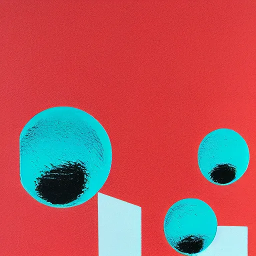 Prompt: chrome spheres on a red cube, screen print