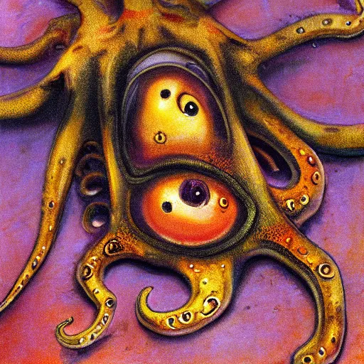 Image similar to fiery whimsical emotional eyes cephalopod, in a photorealistic macro photograph with shallow dof, in the style of a medieval bestiary