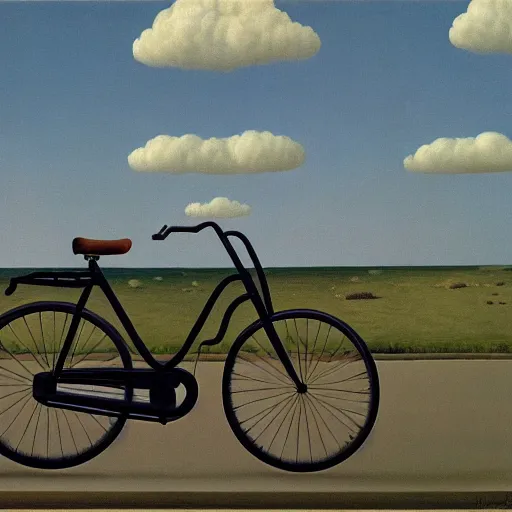 Prompt: a painting of a bicycle by magritte