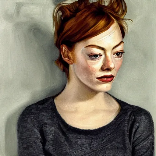 Image similar to high quality high detail painting by lucian freud, hd, portrait of emma stone