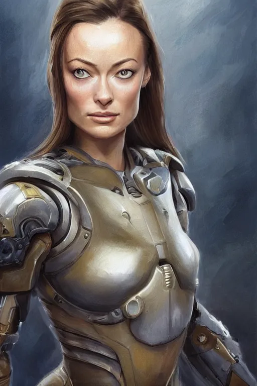 Image similar to a professional painting of a young Olivia Wilde, clothes in military armor, olive skin, long dark hair, beautiful bone structure, symmetrical facial features, intricate, elegant, digital painting, concept art, smooth, sharp focus, illustration, from StarCraft by Ruan Jia and Mandy Jurgens and Artgerm and William-Adolphe Bouguerea