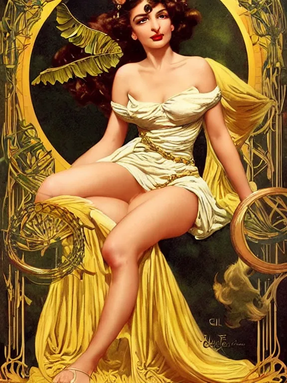 Image similar to Emily Ratajkowski as the magic Greek goddess Circe, a beautiful art nouveau portrait by Gil elvgren, moonlit Mediterranean environment, centered composition, defined features, golden ratio, intricate gold jewlery