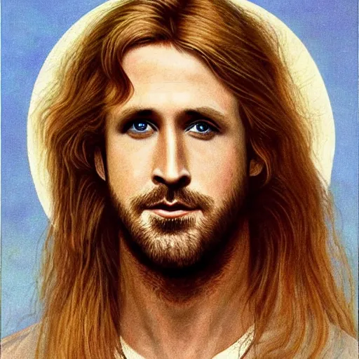 Prompt: Pre-Raphaelite portrait of Ryan Gosling as the leader of a cult 1980s heavy metal band, with very long blond hair and grey eyes, high saturation